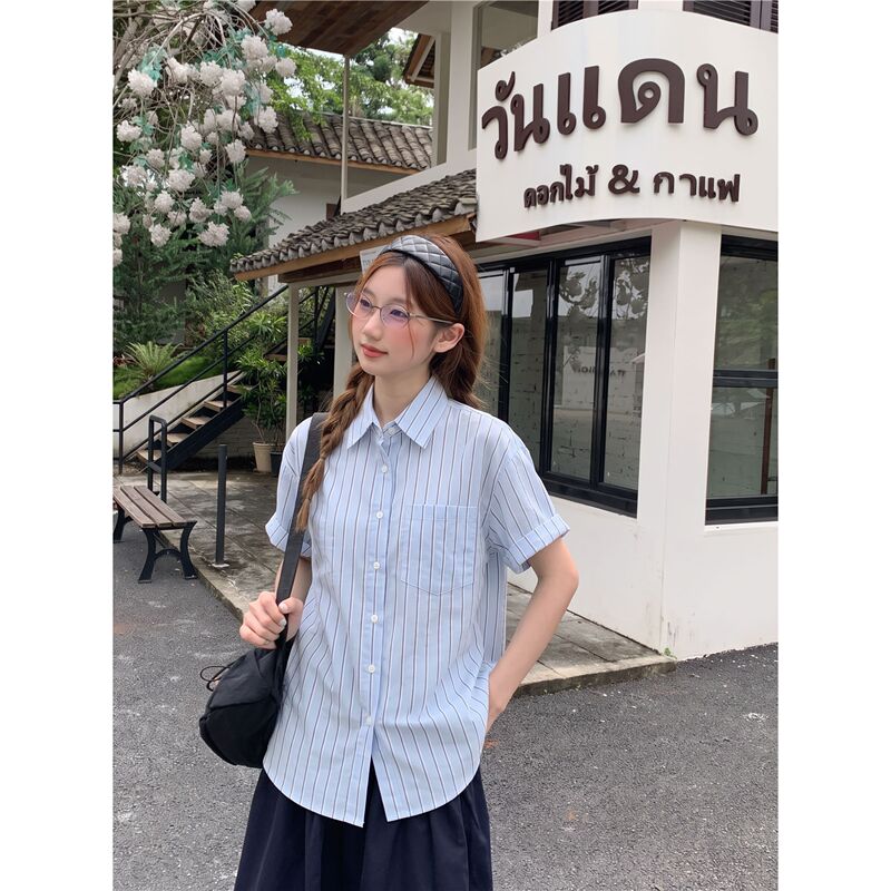Korean Style Blue Striped Polo Collar Short-Sleeve Shirt for Women, New Summer Design, Loose Fit, Slimming Top, Trendy Korean Style Blue Striped Polo Collar Short-Sleeve Shirt for Women, New Summer Design, Loose Fit, Slimming Top, Trendy