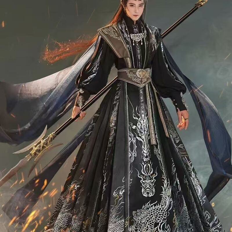 Hanfu for Men, Cosplay of Lan Ling Wang, Blue and Gold-Black Cool Horse-Face Skirt Costume, New Chinese Style Ceremonial Outfit, Fairy Martial Arts Suit