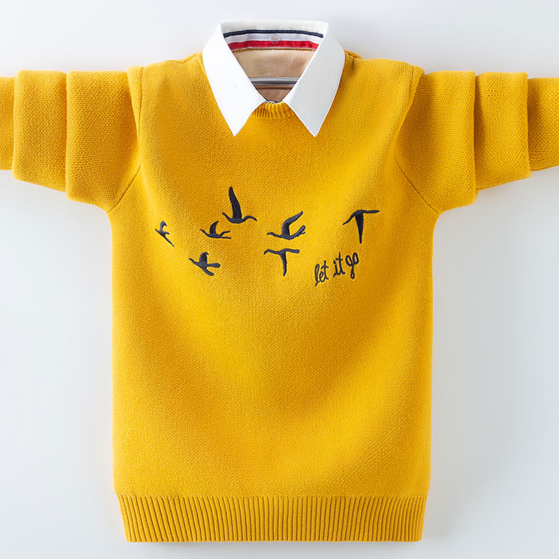 Boys sweater children fake two-piece sweater boys plus velvet padded pure Zhongda children autumn and winter red cotton sweater