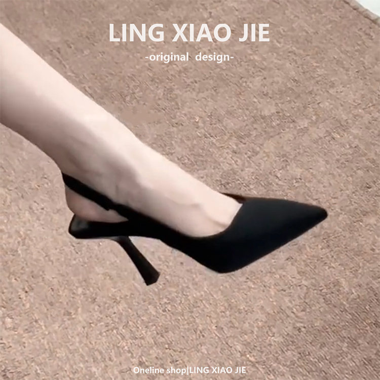 French-Style Black Pointed-Toe High-Heeled Shoes 2025 Spring/Summer New Model with Open Back, Single Strap, Pointed Toe, Sexy Stiletto Sandals