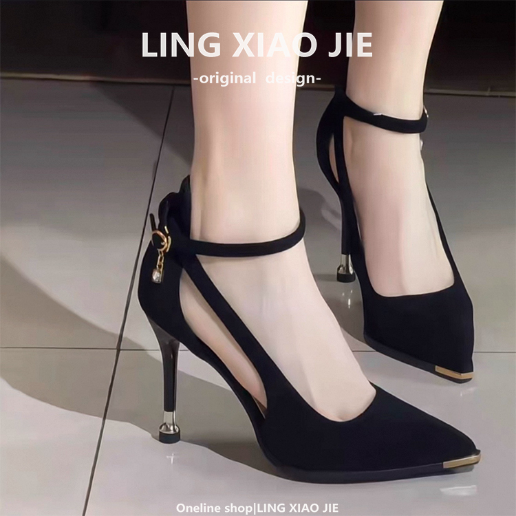 Suede Black High Heels, Coming-Of-Age Ceremony, Widened and Enlarged, Pointed Toe, Elegant Single Shoes, Single Strap, Professional Work Shoes, Large Size