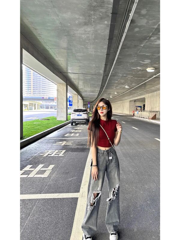 Smoky Gray Ripped Jeans for Women, High Street Style, Loose Straight-Leg Distressed Pants, High-Waisted, Slimming, Drapey Wide-Leg Pants for Summer