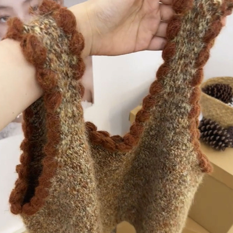 Maillard Retro~ Milk Candy Brown Fur Ball Lace V-Neck Knitted Vest for Women, Loose Layered Top for Autumn 2026