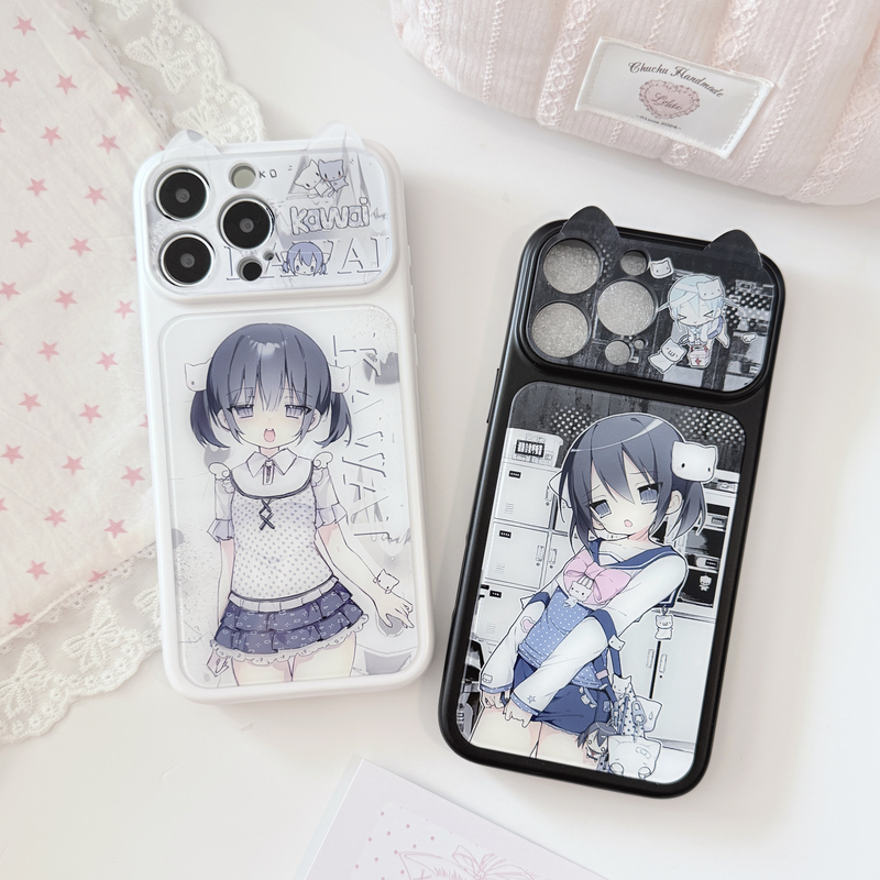 【Curly-Eared Cat】Crushed Stone Cat Original Girly Heart iPhone Fine Hole Glossy Cat Ear Phone Case