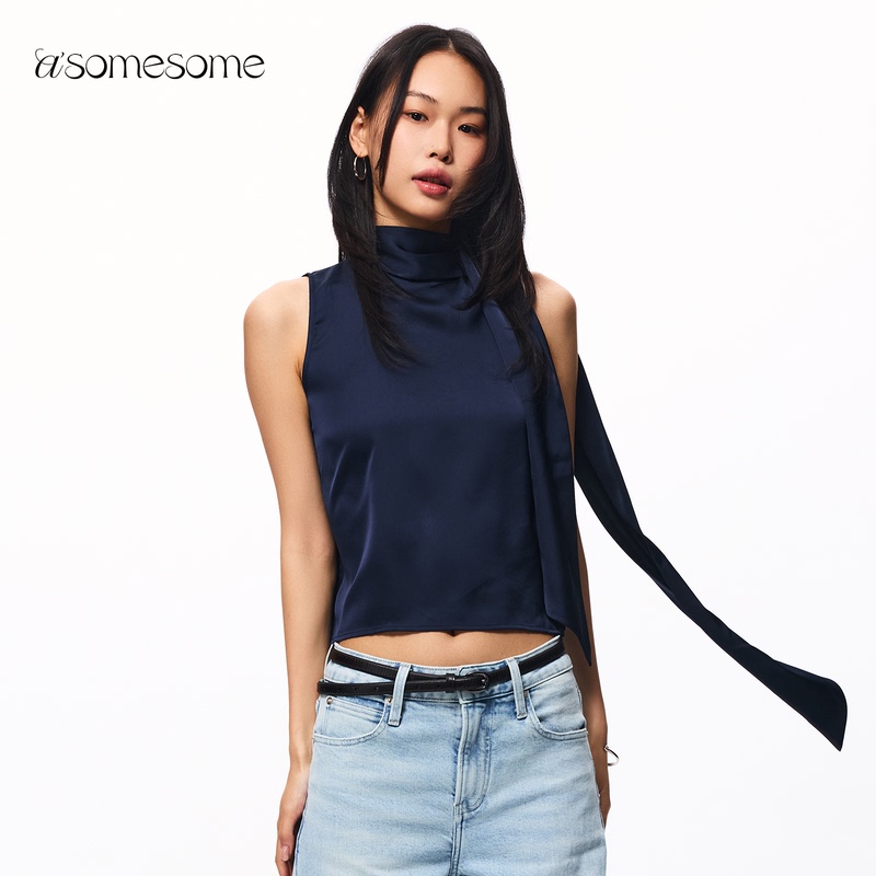 Asomesome Retro Design Stand-Up Collar Ribbon Vest for Women, Summer Work Clothing, Outerwear, Slimming Sleeveless Top