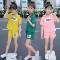 Girls summer clothes 2021 new suit summer childrens clothing Childrens middle and large childrens cartoon short-sleeved shorts sports two-piece set