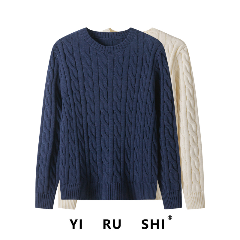 Lauren's Same Style 100% Pure Cotton Sweater for Women, Autumn and Winter, Round Neck, Long Sleeves, Cable Knit, Full Cotton, Regular Shoulder Knitwear