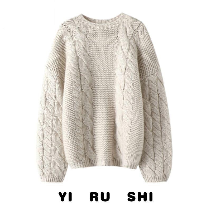 100% Heavy Cotton Non-Pilling Cable Knit Sweater for Women 2025 Autumn and Winter Long-Sleeve Lazy Style Cotton Knit Top
