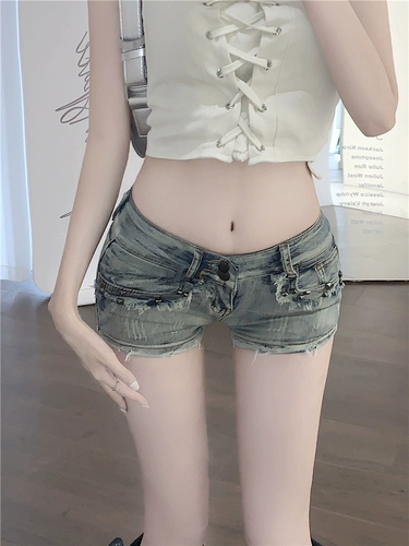 Джинсовые шорты, синие приталенные штаны, в американском стиле, в обтяжку, с акцентом на бедрах, свободный прямой крой