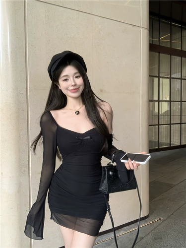 Летний сексуальный лонгслив, сиреневая юбка, мини-юбка, в обтяжку, с акцентом на бедрах