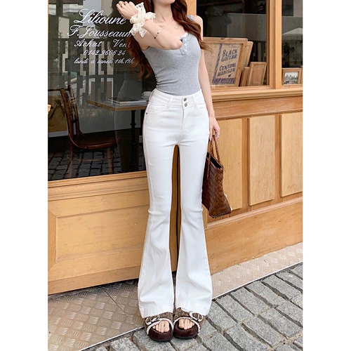 Белые джинсы с бантиком, летние штаны, штаны-клёш, высокая талия, в обтяжку, с акцентом на бедрах, по фигуре