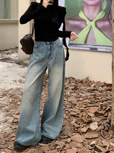 Синие ретро джинсы, штаны, высокая талия, свободный прямой крой