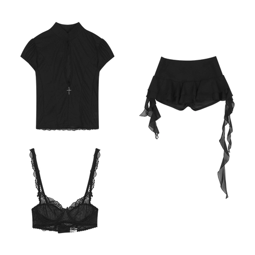 Черный комплект, кружевной лонгслив, милая летняя юбка, 3 предмета