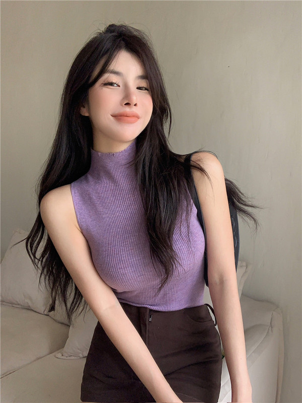 Spicy Girl High-Neck Knitted Camisole for Women, Summer Purple Sleeveless Racerback Stretchy Slim-Fit Base Shirt Inner Top
