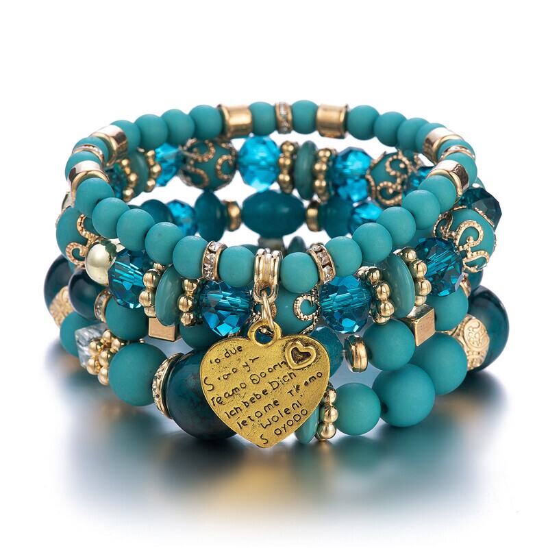 European and American Bohemian Ethnic Style Retro Fashion Multi-Layered Bracelet with Crystal Heart Beads for Women's Jewelry and Necklaces