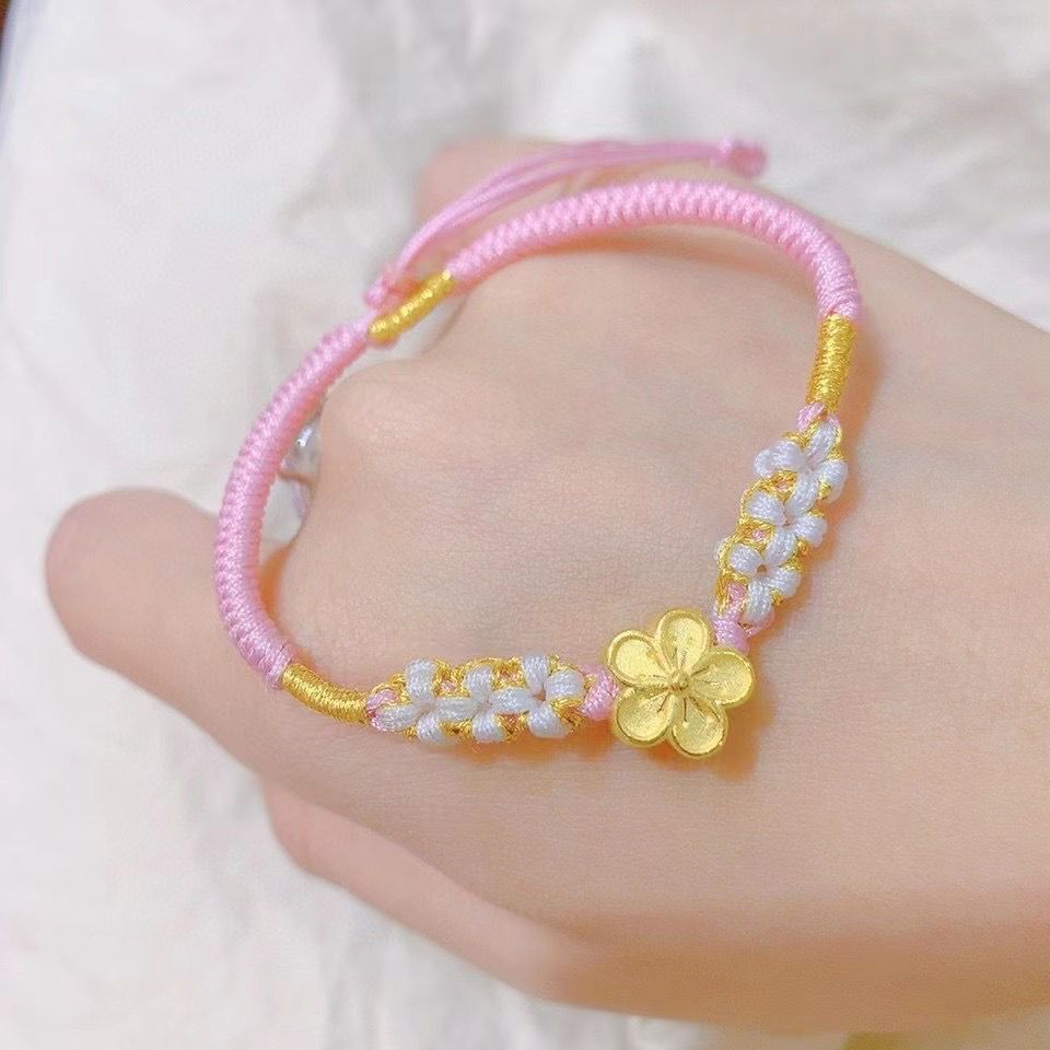 Gold Peach Blossom Foot Gold Handmade Woman's Life Year Transfer Pearl Weave Red Hand Rope To Send Girlfriend Gold Jewelry Gift