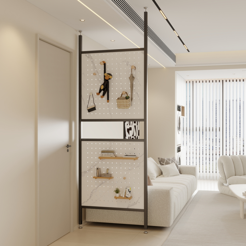 Modern Minimalist Iron Art Perforated Board Screen, Solid Wood Perforated Board, Floor-To-Ceiling No-Drill Decorative Partition Wall for Living Room
