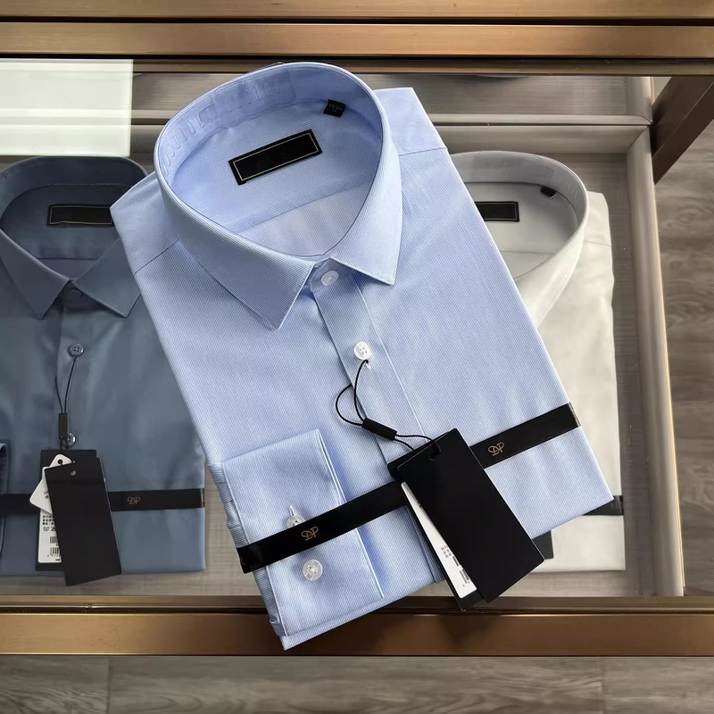 High-Quality Long-Sleeved Shirt for Men, Spring Collection, Dp Non-Iron, 100% Cotton, Business Casual, Blue Shirt 110247