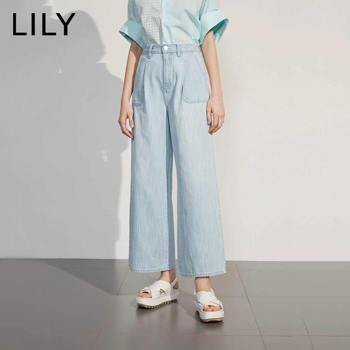 LILY2020 mùa hè mới của phụ nữ cotton màu chải chải quần jeans ống rộng 120250G5220 - Quần jean