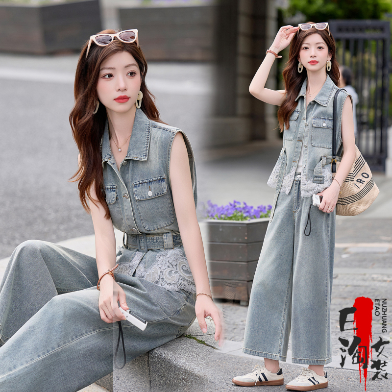 Denim Style Lace Splicing Vest Wide-Leg Pants Suit for Women, Sleeveless Summer Two-Piece Set with Belt, Retro Style