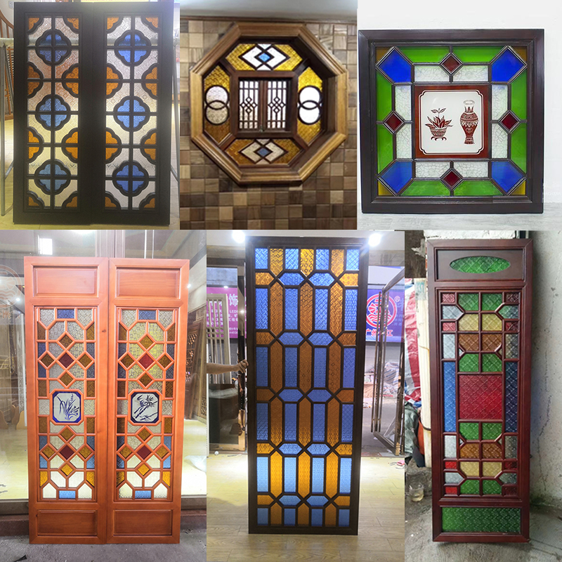広東アンティークの西関満州窓、無垢材のクラブアップルステンドグラス、エンボス加工の芸術、ガラス張りの嶺南花窓のドアスクリーン