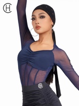 Dynasty Latin Ballroom Dance New Long Sleeve Mesh One-piece Slimming V-neck Training and Teaching Versatile Gymnastics Suit