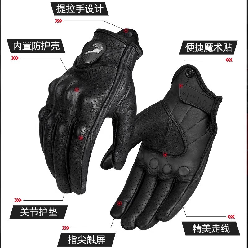 Motorcycle Gloves for Men, Summer Riding, Anti-Fall, Breathable, Windproof, Retro Cruiser Motorcycle Gear, Genuine Leather, Full Finger