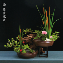 Chinese flower art ceramic writing scenery flower pot large plate Zen retro Chinese flower arrangement ikebana utensils antique flower pot extra large