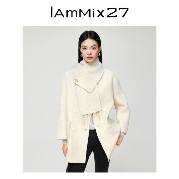 IAmMIX27冬季双面呢外套女宽松带围巾款羊毛混纺毛呢大衣女中长款