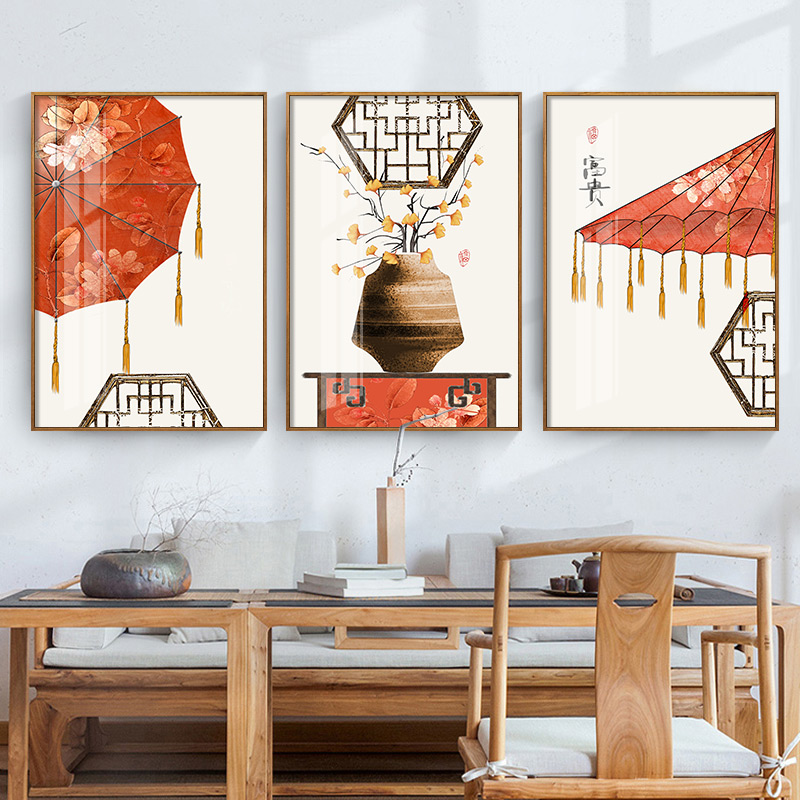 New Chinese style living room decoration painting sofa background wall painting Chinese style tea room study triptych painting dining room mural