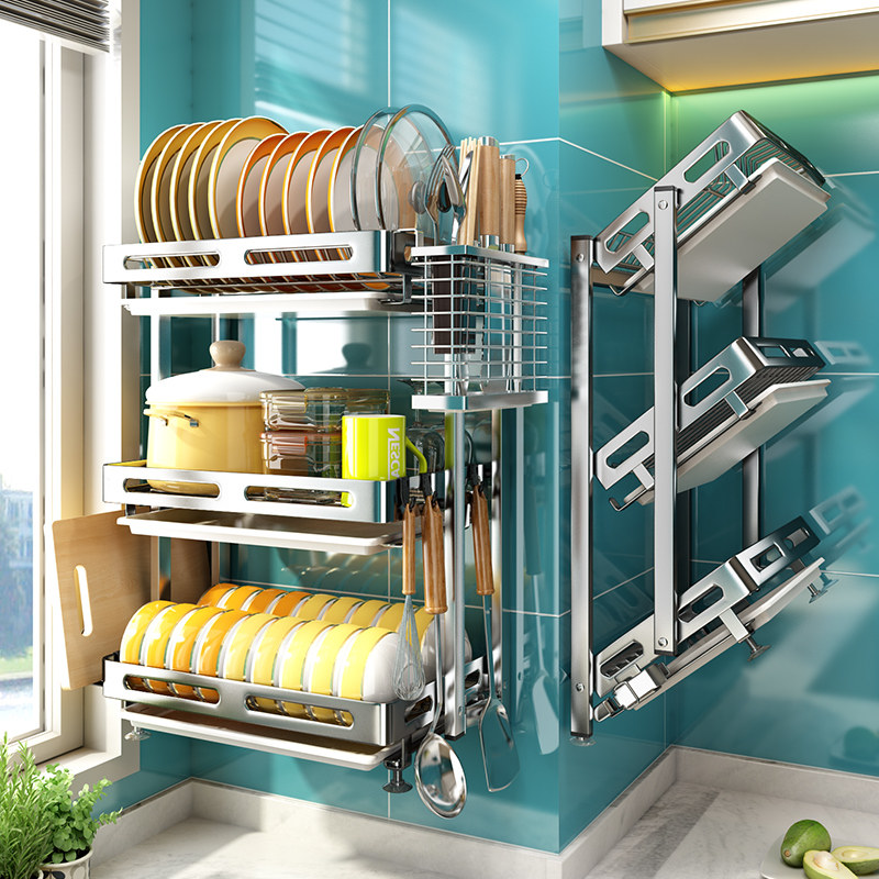 304 Stainless Steel Bowl Rack Drain Rack Kitchen Shelve Wall-mounted Bowl and Chopsticks Folding Bowl tray Dish Storage Cabinet