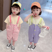 South Korean girls summer loaded back with pants suit Cowboy 2021 Yangqi Childrens clothes 3-year 4 old 4 Girls online Red Summer clothes