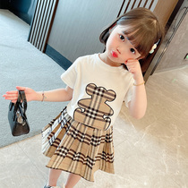 South Korean girl short sleeve suit 2021 Summer ocean gas baby plaid mesh red bear summer dress Childrens skirt Two sets