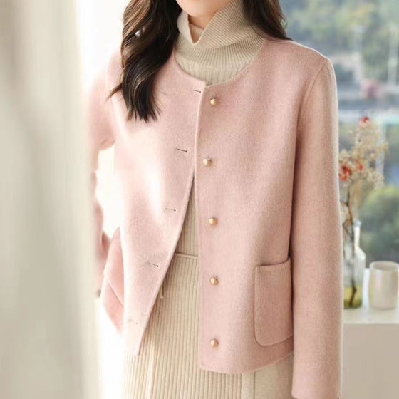 Double-sided cashmere coat women's short 2023 new Korean style small fragrance style single-breasted round neck age-reducing woolen coat