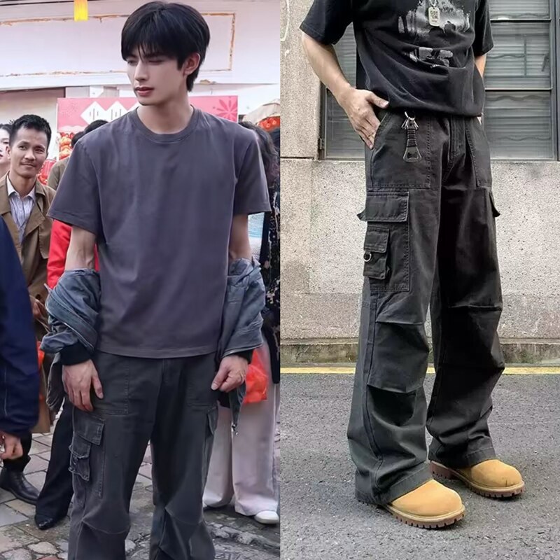 Wild Dog Bone Chen Yi Song Weilong Style Cargo Pants American Retro Washed Distressed Denim Pleated Paratrooper Pants