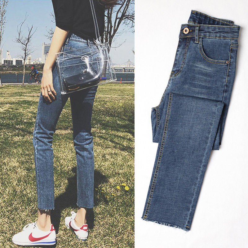 I Tchooiate high waist jeans female thin straight tube ear sleeve nine pants