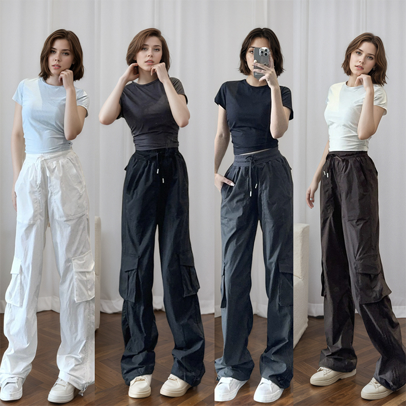 Women's High-Waisted Cargo Pants, Slimming, Breathable, Casual Sports Pants, Elastic Waist, Multi-Pocket, Long Pants