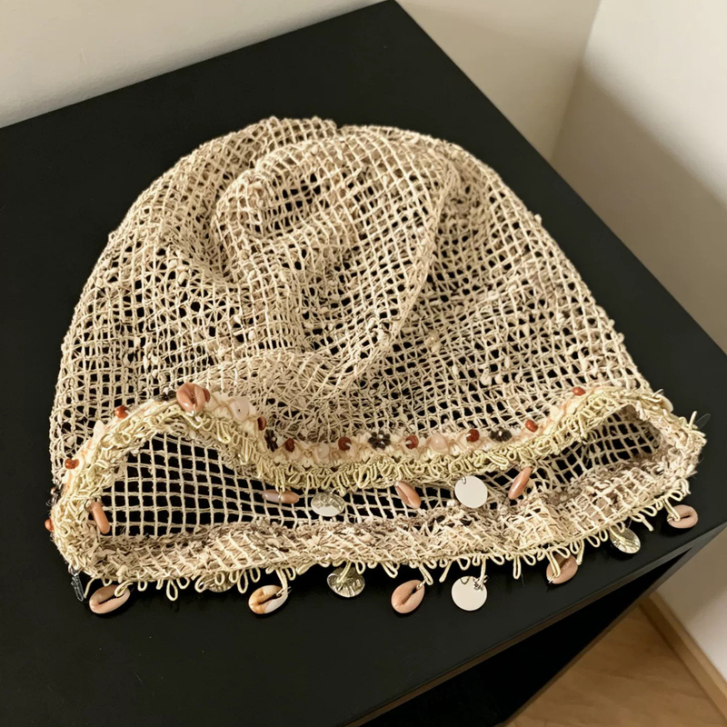 Handmade Crochet Bohemian Style Hollow-Out Slouchy Hat with Large Head Circumference, Shell Decoration, Headwrap Hat, Summer Woven Large Size