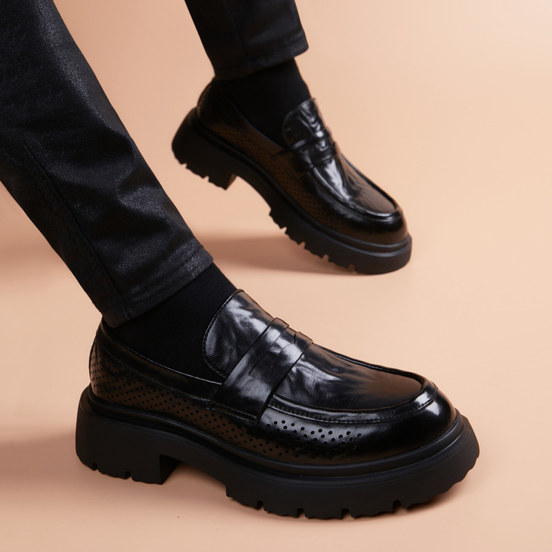 Hollow-Out Breathable Summer New Style Side-Perforated Thick-Soled Height-Increasing Business Casual Slip-On Men's Leather Shoes with Foam Light Sole