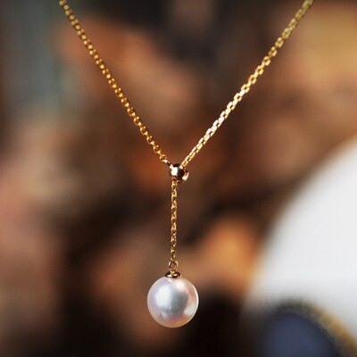 Japan akoya natural seawater pearl necklace y word chain positive round 18k gold female fashion temperament pendant collarbone chain-Taobao