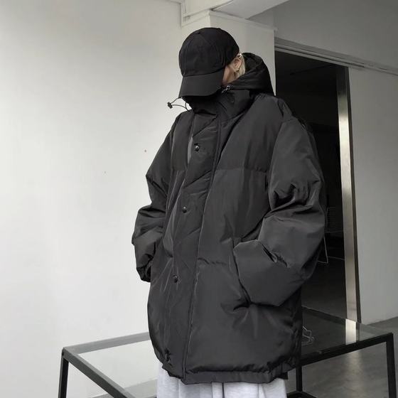 Dark solid color functional stand-up collar hooded bread coat for men oversize couple loose cotton coat winter cotton jacket