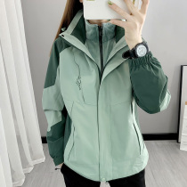 Big code fat Sub-machine Mens and womens autumn and winter three-in-one windproof two sets of outdoor thickened Cavet Climbing Suit Woman