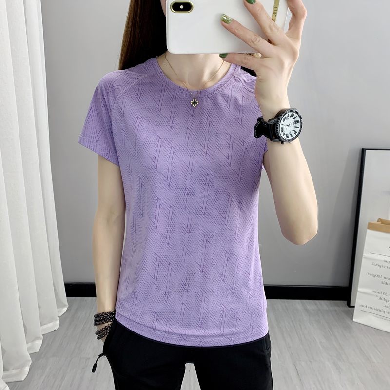 Speed Dry Short Sleeve Woman Round Collar Ice Silk High Elasticity Fitness Yoga Quick Dry T-shirt Outdoor Climbing Hiking Half Sleeve Blouse
