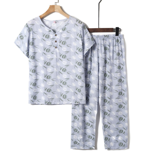 Elderly summer dress short-sleeved trousers cotton silk suit 60-70 old lady 80 grandma wear cotton silk pajamas outside