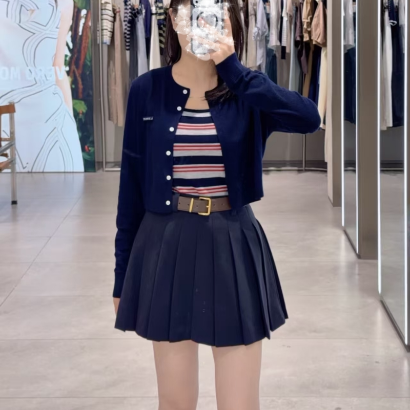 2026 Autumn and Winter New Casual Suit Includes a Striped Short Knitted Two-Piece Cardigan with Sheep Wool