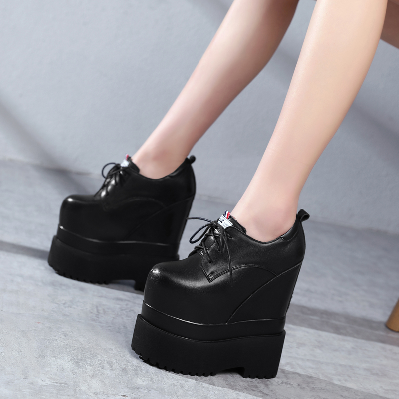 18cm Height-Increasing Women's Shoes, Genuine Leather Wedge Platform Shoes, Ultra-High Heels, Sky-High Heels, Platform Shoes for Petite Women, Waterproof Platform Shoes