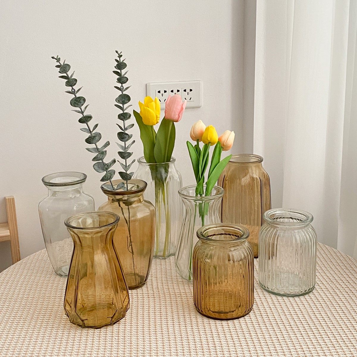 Retro large glass vase transparent hydro green gas high-end creative bamboo lily vase living room flower fitting