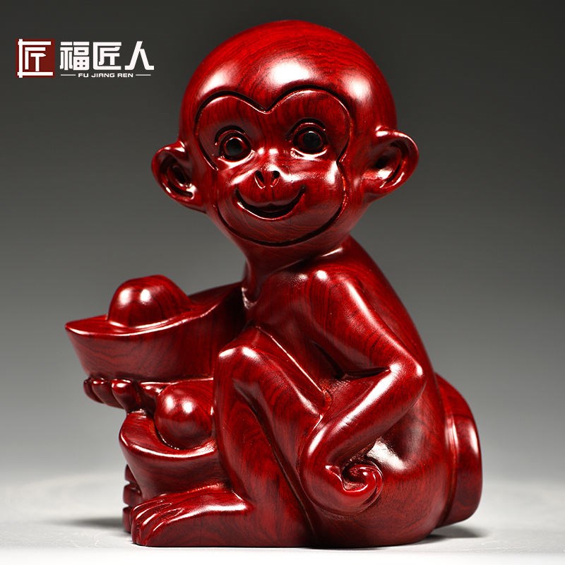 Red Flowers Pear Wood Monkey Engraving Pendulum zodiac Creative minimalist Monkey Home Living Room Decoration Handicraft Gift 