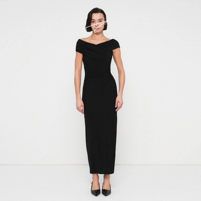 Sandy Elastic Slim-Fit Shimmering Classic Little Black Dress Off-Shoulder Dress Elegant Evening Dress for Slightly Chubby Women