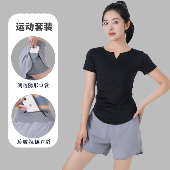 [Back Zipper Pocket]High-Waisted Faux Two-Piece Quick-Dry Shorts Tight-Fitting Running Yoga Top Summer Women's Fitness Set